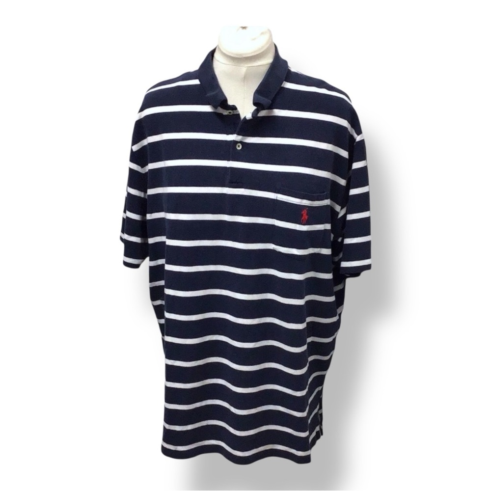 Polo by Ralph Lauren Mens Short Sleeve Polo Shirt Stripes VTG 90s Navy/White XXL